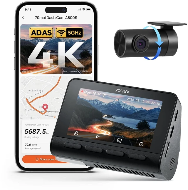 Main image of 70mai 4K Dash Cam Front and Rear with STARVIS, Dashcam with 5GHz WiFi, GPS Car Camera, Super Night Vision, ADAS, 3'' IPS Screen, 24H Parking Mode, Time-Lapse, Loop Recording, Support 256GB Max (A800S)