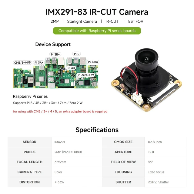 Alt view image 3 of 5 - Waveshare IMX291 2MP IR-Cut Camera, Fixed-Focus, 83 Diagonal FOV, Rolling Shutter, Compatible with Raspberry Pi Series Boards