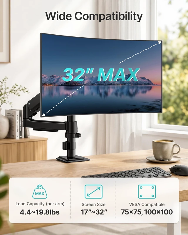 Alt view image 2 of 5 - PEGZONE Single Monitor Arm for 17-32 Inch Screens, Holds up to19.8 lbs