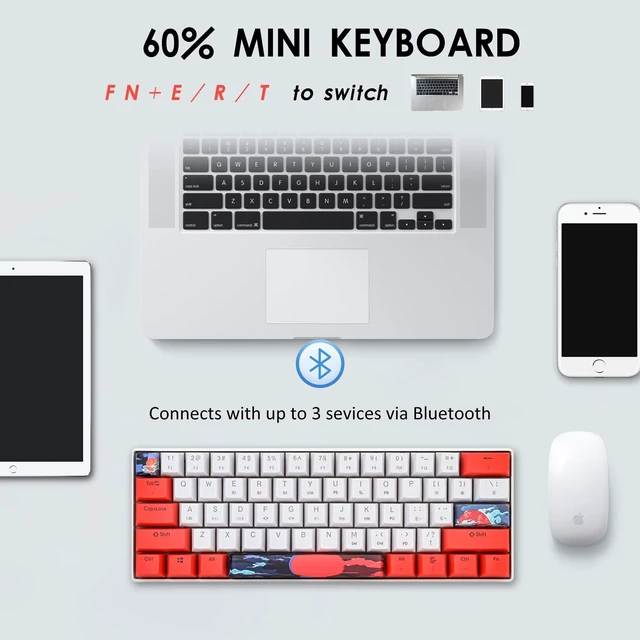 Alt view image 5 of 5 - Ussixchare Wireless Gaming Keyboard, 60% Hot Swappable Mechanical Keyboard with RGB Backlit, PBT Keycaps Bluetooth 5.0/Type-C for PC Laptop Gamer(Sun,Yellow Switch)
