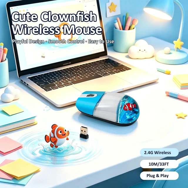 Alt view image 2 of 5 - Wireless Mouse with Liquid Water Section & Floater Animal Portable Retro Silent Cute Aqua Mouse with USB Receiver Lightweight 1000DPI Optical Clear Water Mice for Laptop PC Computer (Blue, Clow