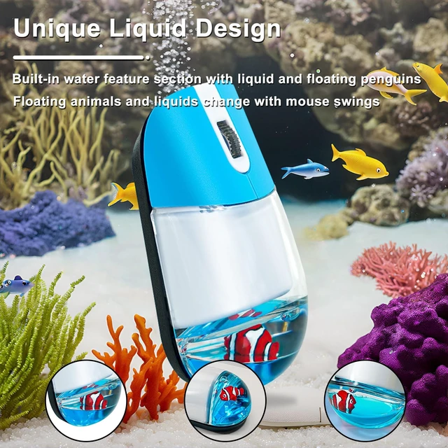Alt view image 3 of 5 - Wireless Mouse with Liquid Water Section & Floater Animal Portable Retro Silent Cute Aqua Mouse with USB Receiver Lightweight 1000DPI Optical Clear Water Mice for Laptop PC Computer (Blue, Clow