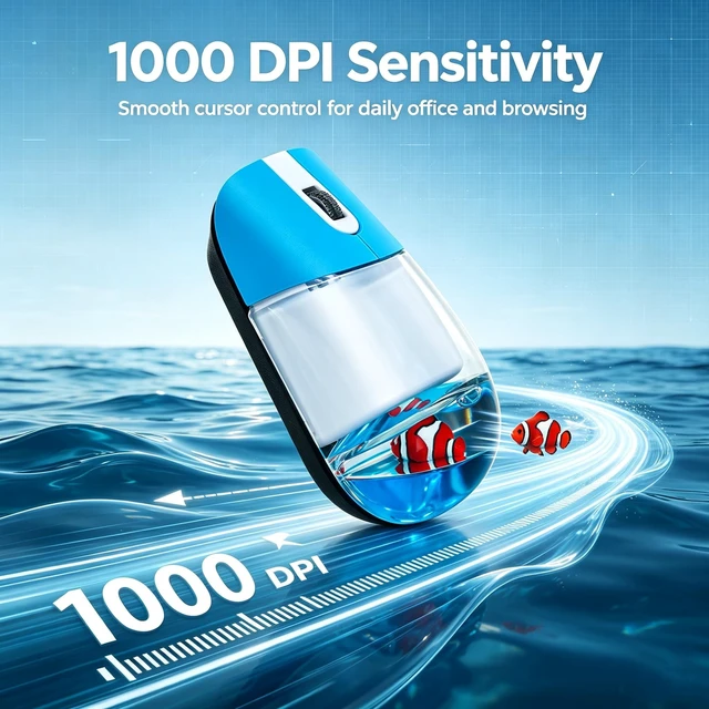 Alt view image 4 of 5 - Wireless Mouse with Liquid Water Section & Floater Animal Portable Retro Silent Cute Aqua Mouse with USB Receiver Lightweight 1000DPI Optical Clear Water Mice for Laptop PC Computer (Blue, Clow