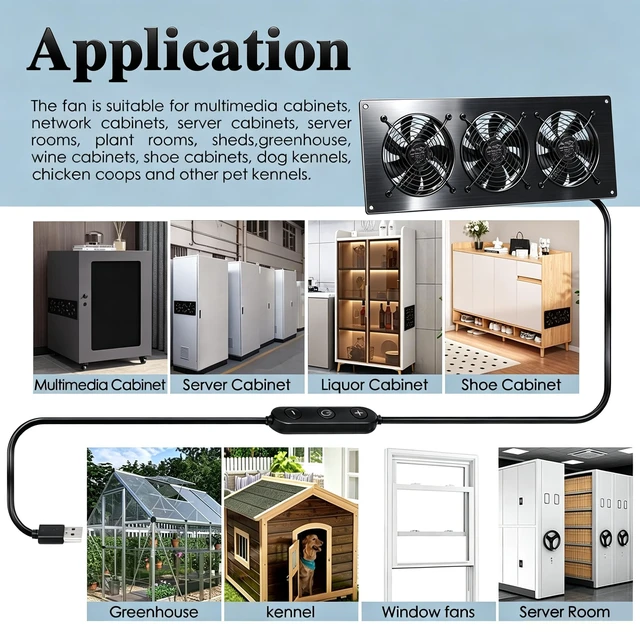 Alt view image 2 of 5 - Xiaoqijia 3X 120mm Cabinet Fan ^^ 5V/12V USB/DC IPX5 Waterproof 10-Speed