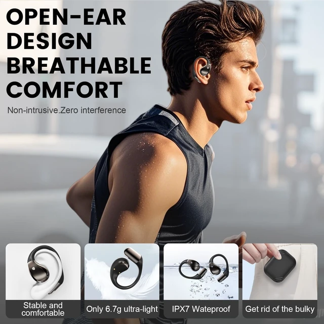 Alt view image 3 of 5 - Conyat Open-Ear Headphones, Bluetooth 6.0 Wireless Earbuds Powerful Sound, 40H Open Ear Earbuds with ENC Mic, Comfortable Ear Hooks/IP7 Waterproof/Fast Charging Earphones for Workouts/Running,