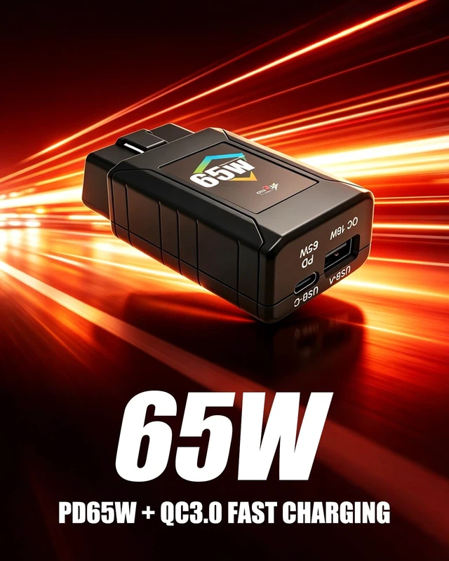 Alt view image 2 of 5 - PD65W & QC3.0 HighPower Car OBD2 to USB Fast Charging Adapter with LowVoltage Protection, USBC & USBA Ports, Compatible with 12V/24V Vehicles, for Dash Cam, Phone, Tablet & Laptop Charging