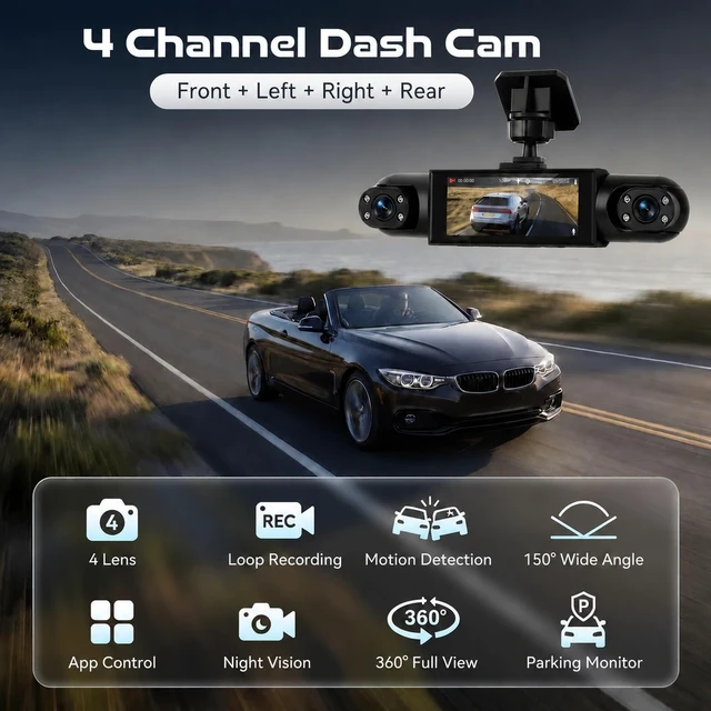 Alt view image 2 of 5 - 360 Dash Cam Front and Rear Inside Left Right, 4 Channel 1080P Dash Cam