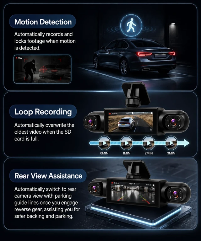 Alt view image 4 of 5 - 360 Dash Cam Front and Rear Inside Left Right, 4 Channel 1080P Dash Cam