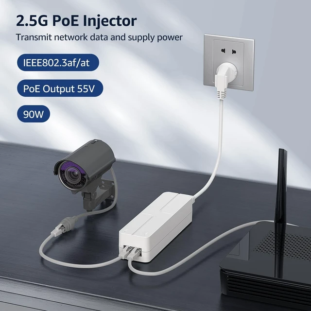 Alt view image 2 of 5 - YuanLey 2.5G PoE Injector 90W, PoE+ Injector Converts Non-PoE to PoE+, 55V IEEE 802.3at/af/bt, 10/100/1000/2500Mbps Ethernet PoE Adapter Plug & Play, Power Over Ethernet Up to 325 Feet