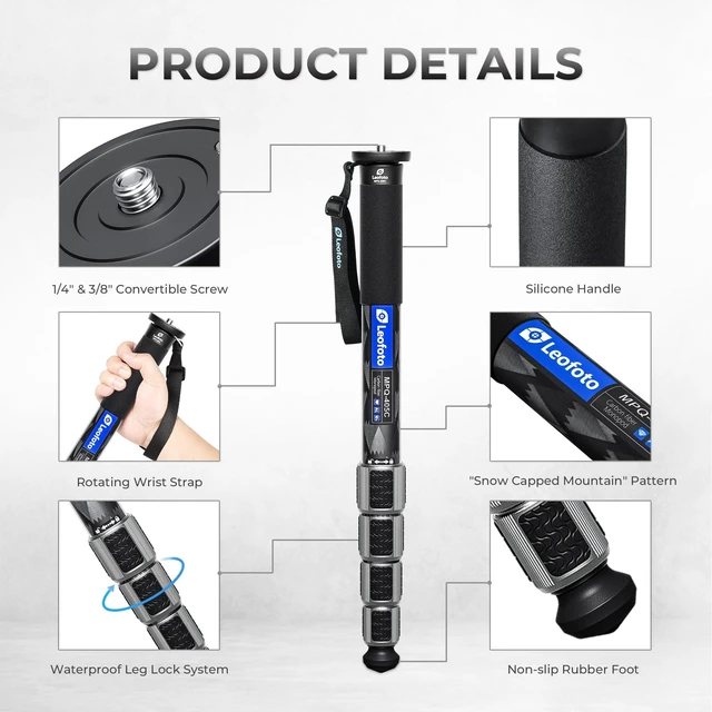 Alt view image 2 of 5 - LEOFOTO Camera Monopod Carbon Fiber Portable Compact Lightweight Travel Monopod with Wrist Strap, Silicone Handle, Twist Locks, 5-Section up to 185cm, Max Load 25kg(MPQ-405C)