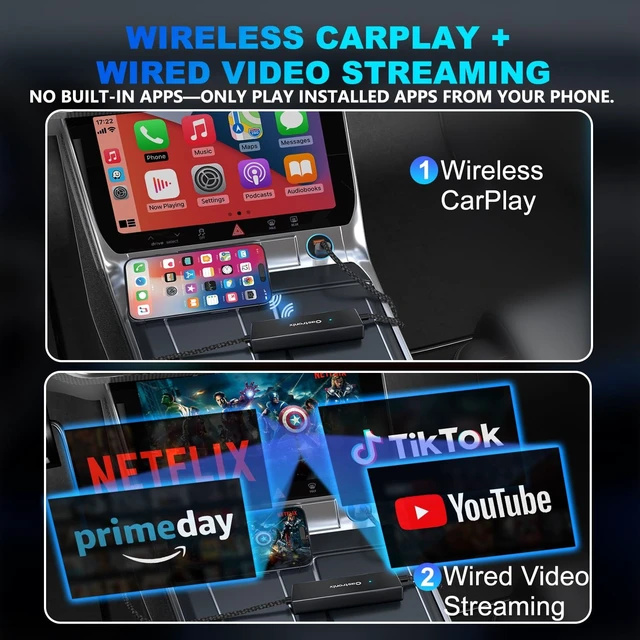 Alt view image 3 of 5 - Castronix 4-in-1 Wireless CarPlay Adapter for iPhone 15/16/17 & Newer, Wired Video Streaming, Screen Mirroring, Two-Way Control & Charging, Plug & Play for Factory Wired CarPlay (Black)