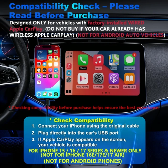 Alt view image 2 of 5 - Castronix 4-in-1 Wireless CarPlay Adapter for iPhone 15/16/17 & Newer, Wired Video Streaming, Screen Mirroring, Two-Way Control & Charging, Plug & Play for Factory Wired CarPlay (Black)