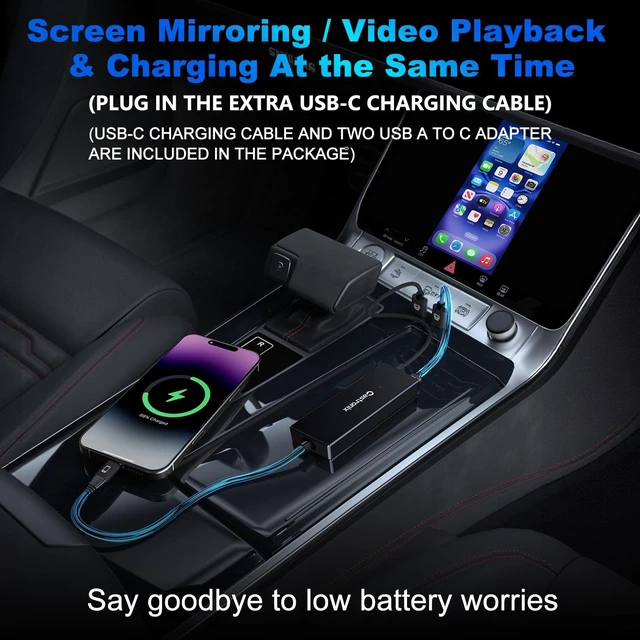 Alt view image 4 of 5 - Castronix 4-in-1 Wireless CarPlay Adapter for iPhone 15/16/17 & Newer, Wired Video Streaming, Screen Mirroring, Two-Way Control & Charging, Plug & Play for Factory Wired CarPlay (Black)