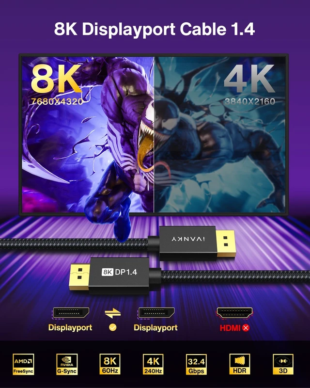 Alt view image 2 of 5 - IVANKY DisplayPort Cable 1.4, 8K 32.4Gbps DP Cable 25ft for Gaming Monitor