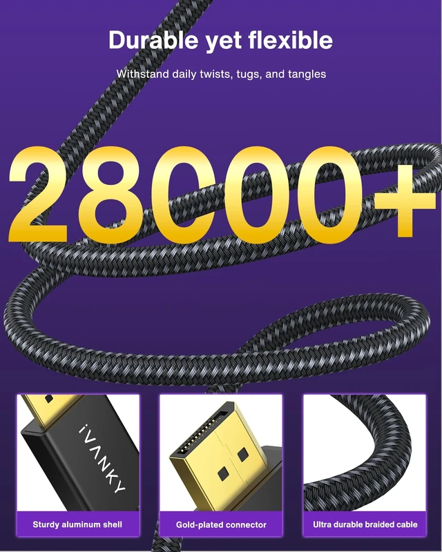 Alt view image 4 of 5 - IVANKY DisplayPort Cable 1.4, 8K 32.4Gbps DP Cable 25ft for Gaming Monitor