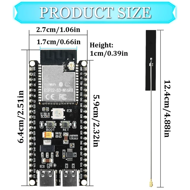 Alt view image 5 of 5 - 3PCS ESP32 S3 Development Board with Extended Antennas, Dual-Core N16R8, Type-C Port & CH340X Chip 42Pin, ESP32 S3 DevKit for Arduino