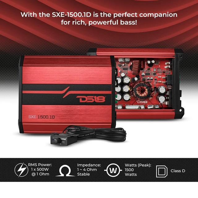 Alt view image 3 of 5 - DS18 SXE-1500.1D SXE Class D Monoblock Car Amplifier 1 x 500 Watts RMS @ 1 Ohm 1500 Watts - Compact Amplifier with Remote Subwoofer Level Control (Black)