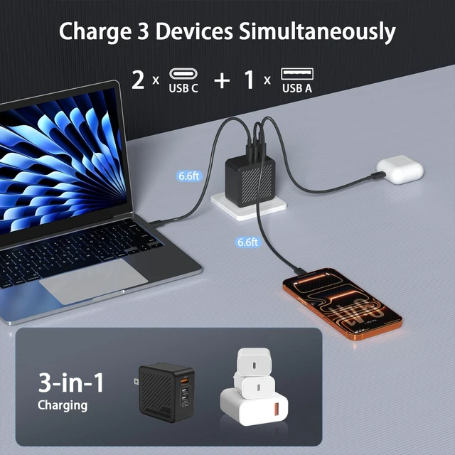 Alt view image 3 of 5 - GaN Charger 65W Fast Charging, International Travel Adapter with UK & EU Plugs & 2 Pack 6.6ft Type C Cable, for iPhone17/16/15, MacBook Pro/Air, iPad, Airpod