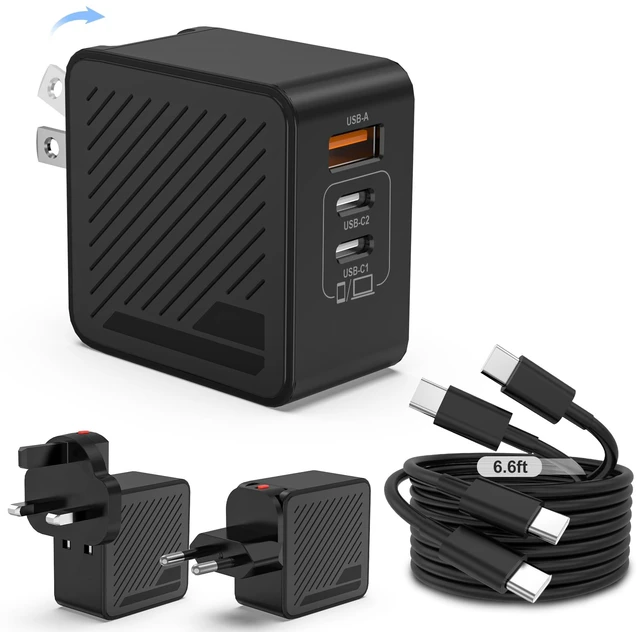Main image of GaN Charger 65W Fast Charging, International Travel Adapter with UK & EU Plugs & 2 Pack 6.6ft Type C Cable, for iPhone17/16/15, MacBook Pro/Air, iPad, Airpod