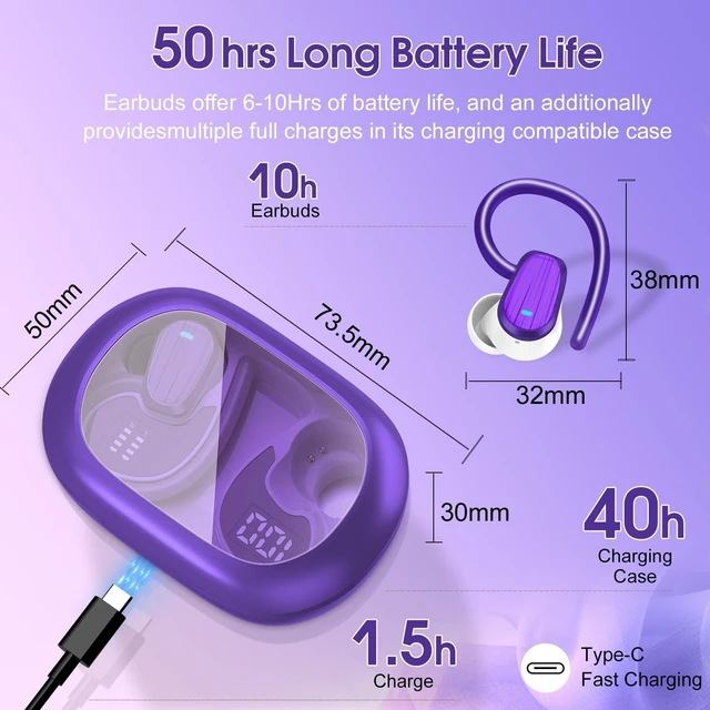 Alt view image 5 of 5 - Wireless Earbuds Bluetooth 5.4, 50H Playtime Sport Earphones with Earhooks