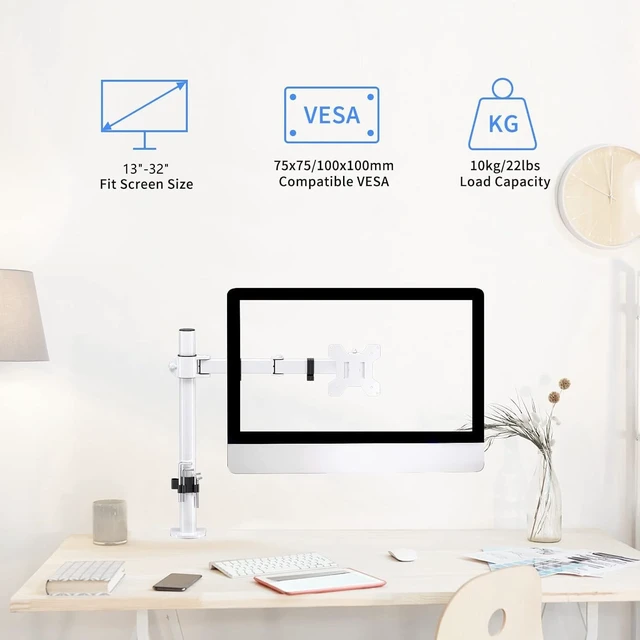 Alt view image 2 of 5 - Suptek Single Monitor Arm Desk Mount Fully Adjustable Monitor Stand for 1 / One Screen up to 13" to 32" Extra Tall 15.75 inch Pole,VESA 75x75mm or 100x100mm,White (MD9421W)