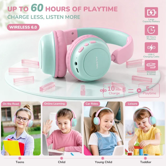 Alt view image 3 of 5 - AILIHEN Kids Bluetooth Headphones for Toddler Travel, 74/85/94dB Limit-Pink