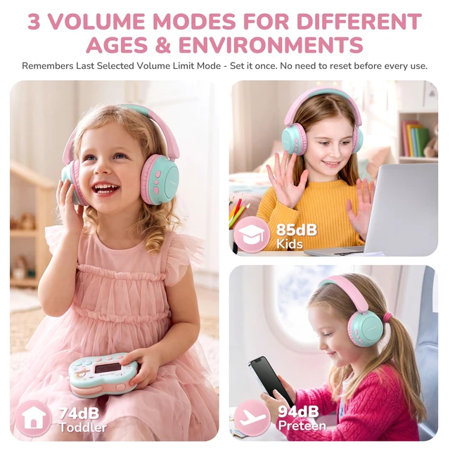 Alt view image 2 of 5 - AILIHEN Kids Bluetooth Headphones for Toddler Travel, 74/85/94dB Limit-Pink