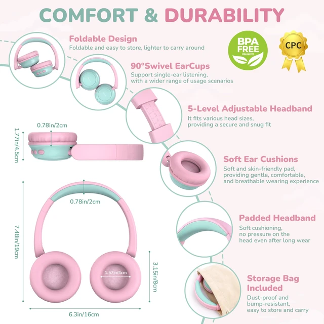 Alt view image 5 of 5 - AILIHEN Kids Bluetooth Headphones for Toddler Travel, 74/85/94dB Limit-Pink