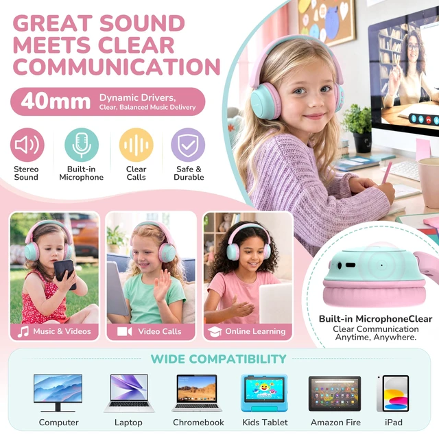 Alt view image 4 of 5 - AILIHEN Kids Bluetooth Headphones for Toddler Travel, 74/85/94dB Limit-Pink