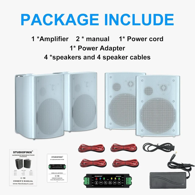 Alt view image 2 of 5 - STUDIOFINIX 800W 6.5 Inch Bluetooth Outdoor Speakers Waterproof Wired with Multifunctional Amplifier Wall Mount Weatherproof Loudspeaker System for Patio Garden Poolside Home(4 Speakers,White)