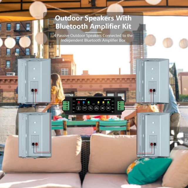 Alt view image 3 of 5 - STUDIOFINIX 800W 6.5 Inch Bluetooth Outdoor Speakers Waterproof Wired with Multifunctional Amplifier Wall Mount Weatherproof Loudspeaker System for Patio Garden Poolside Home(4 Speakers,White)