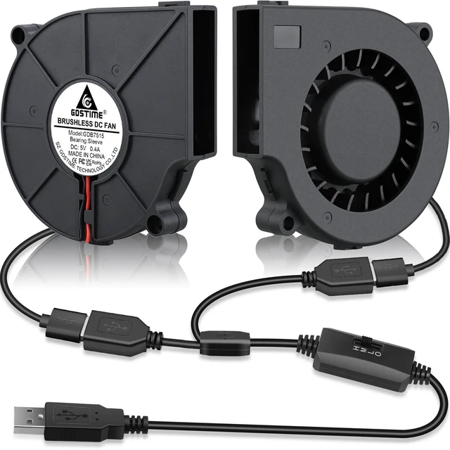 Main image of GDSTIME 75mm x 15mm 5V USB Blower Fan with 3 Speed Control, 2-Pack