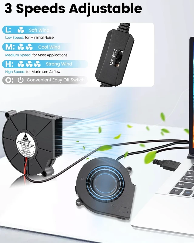 Alt view image 4 of 5 - GDSTIME 75mm x 15mm 5V USB Blower Fan with 3 Speed Control, 2-Pack