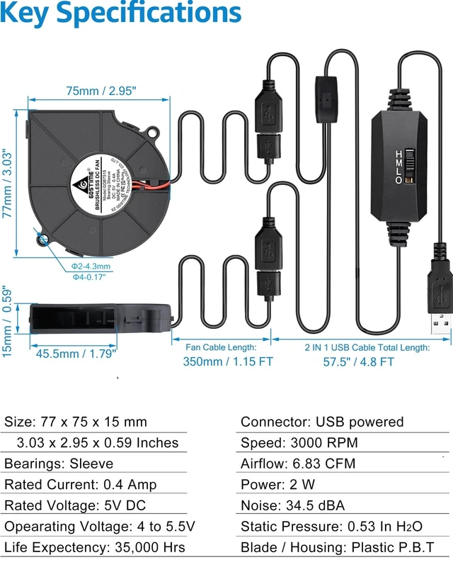 Alt view image 5 of 5 - GDSTIME 75mm x 15mm 5V USB Blower Fan with 3 Speed Control, 2-Pack