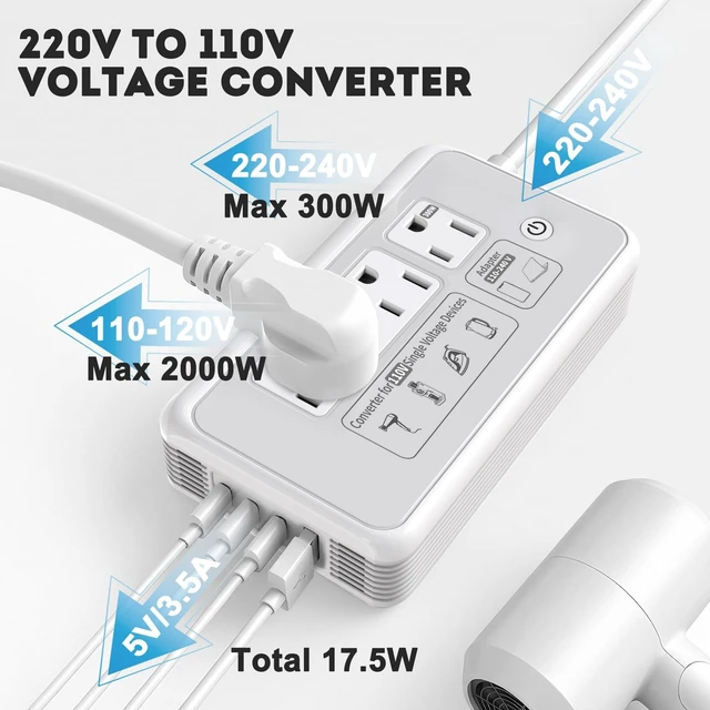 Alt view image 3 of 4 - 2000W 220V to 110V Converter for Hair Dryers, Type C G L I Adapter(Gray)