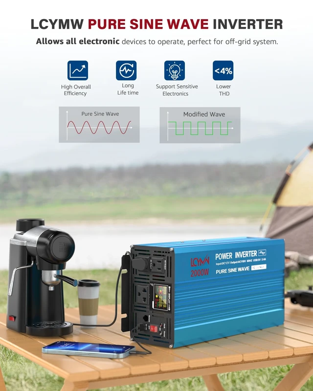 Alt view image 2 of 5 - LCYMW 2000W Pure Sine Wave Inverter DC 24V to 110V/120V AC 4000 Watt Peak Power Inverters with 3 AC Outlets USB Charging Port LCD Display and Remote Control Car Solar Converter for Vehicle Home Truck