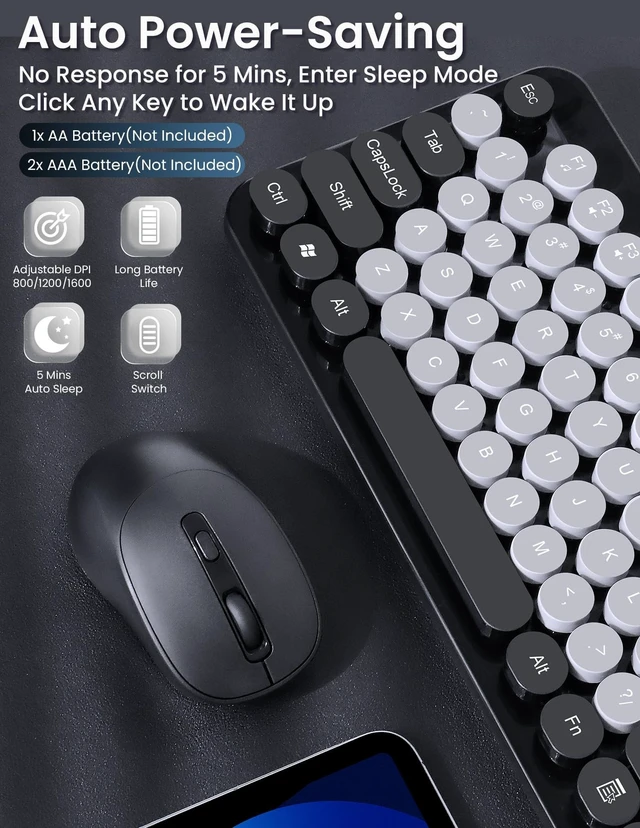 Alt view image 4 of 5 - SOPPY Wireless Keyboard and Mouse Combo, 2.4GHz Retro Typewriter Keyboard, Round Keycaps, Full-Size Ergonomic, USB Receiver Plug and Play, Compatible with PC/Desktop/Laptop/Windows, US Layout,