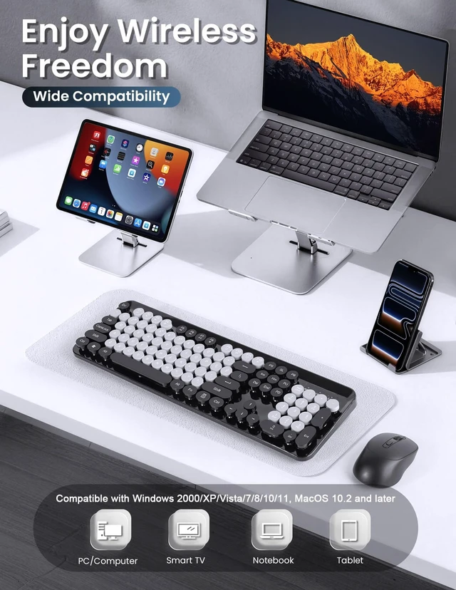 Alt view image 2 of 5 - SOPPY Wireless Keyboard and Mouse Combo, 2.4GHz Retro Typewriter Keyboard, Round Keycaps, Full-Size Ergonomic, USB Receiver Plug and Play, Compatible with PC/Desktop/Laptop/Windows, US Layout,