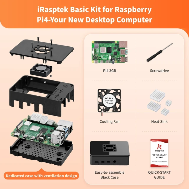 Alt view image 2 of 5 - iRasptek Basic Kit for Raspberry Pi 4B 3GB RAM Included PI4 Case,Screwdrive,Cooling Fan and Heat-Sink