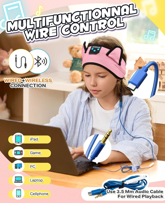 Alt view image 4 of 5 - Boodlab Kids Headphones, Headband for Children Baby & Toddlers, Bluetooth Toddler Headphones Wireless and Wired Playback 3.5 MM Jack for School, Stretchy & Comfy Travel Accessories