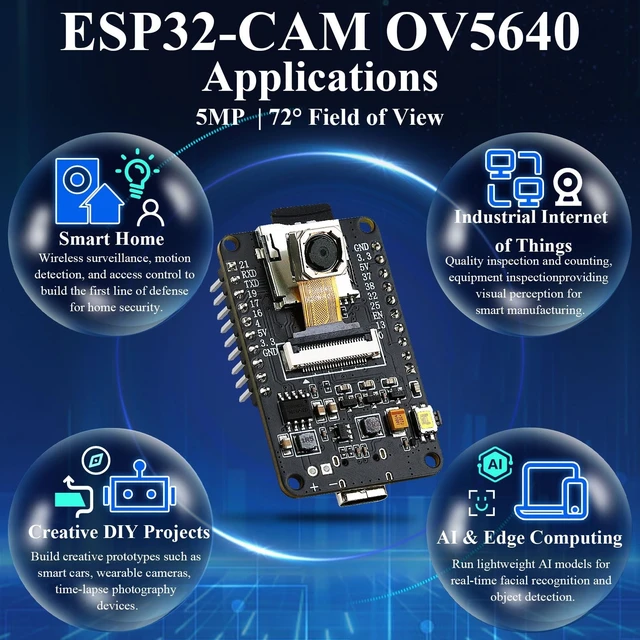 Alt view image 5 of 5 - ESP32-CAM Development Board with OV5640 5MP Camera Sensor, Dual-Core 4MB Flash+16GB TF Card, 1080P Video Webcam Module, Type-C Port for Arduino Devkit