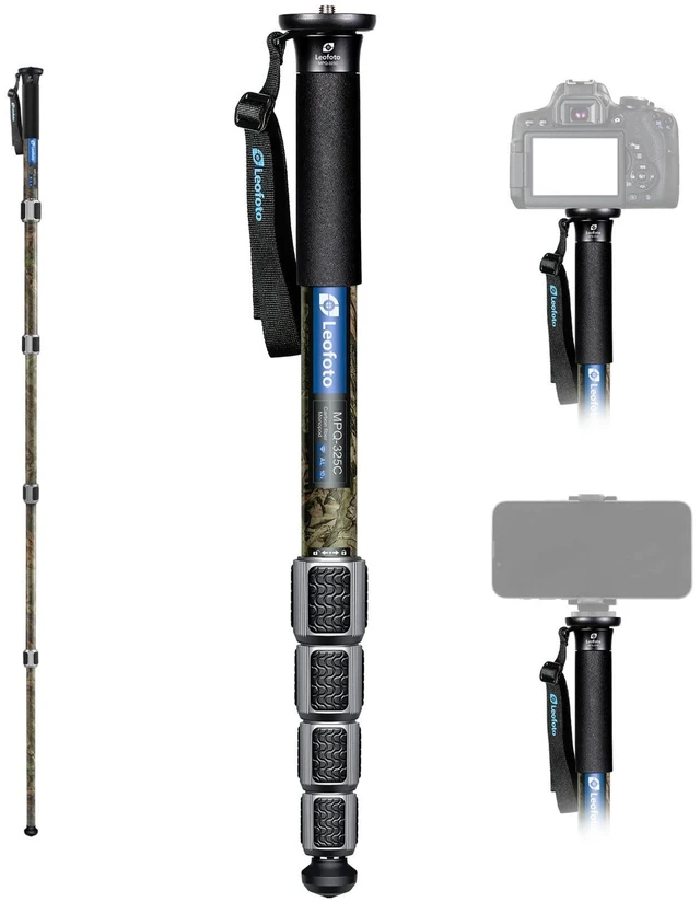 Main image of Leofoto MPQ-325C Monopod, Premium Carbon Fiber, Water-Resistant, 5 Leg Section, Convertible Mounting Stud, Wrist Strap (Camo)
