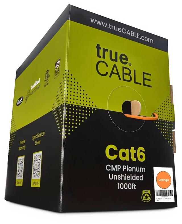 Main image of trueCABLE Cat6 Plenum (CMP), 1000ft, Orange, 23AWG 4 Pair Solid Bare Copper, 550MHz, PoE++ (4PPoE), ETL Listed, Unshielded Twisted Pair (UTP), Bulk Ethernet Cable