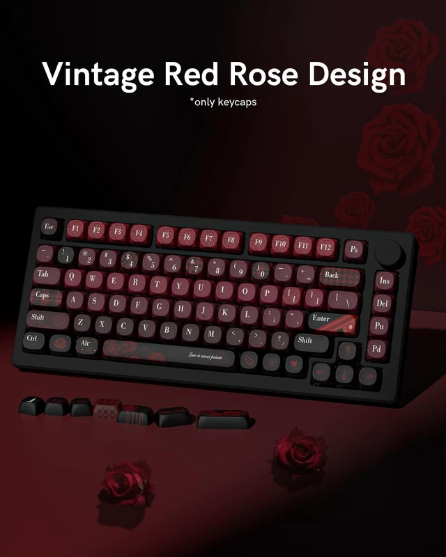 Alt view image 3 of 5 - Keyporia Vintage Red Rose Keycap Set, Custom PBT Keycaps for Mechanical Keyboard, MOA Profile, 131 Keys Dye-Sublimation Key caps Compatible with 60%, 65%, 75%, TKL, Full-Sized Layout