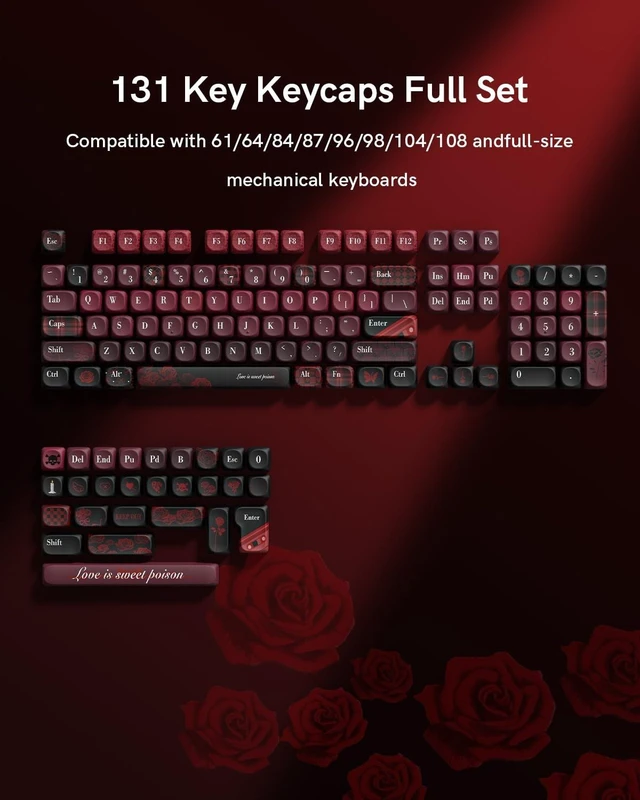 Alt view image 2 of 5 - Keyporia Vintage Red Rose Keycap Set, Custom PBT Keycaps for Mechanical Keyboard, MOA Profile, 131 Keys Dye-Sublimation Key caps Compatible with 60%, 65%, 75%, TKL, Full-Sized Layout