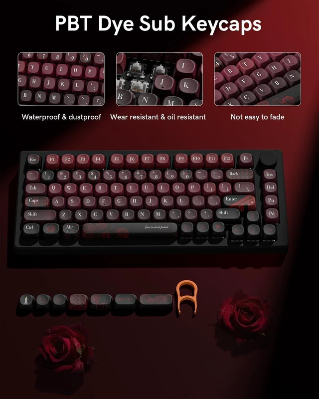 Alt view image 5 of 5 - Keyporia Vintage Red Rose Keycap Set, Custom PBT Keycaps for Mechanical Keyboard, MOA Profile, 131 Keys Dye-Sublimation Key caps Compatible with 60%, 65%, 75%, TKL, Full-Sized Layout