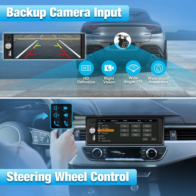 Alt view image 4 of 5 - Single Din Radio Car Stereo with Apple CarPlay & Android Auto, 6.28 Inch HD Touch CarPlay Screen, Backup Cam,Bluetooth, MP5,USB Type-C, SWC, EQ, FM Radio (with External Mic)