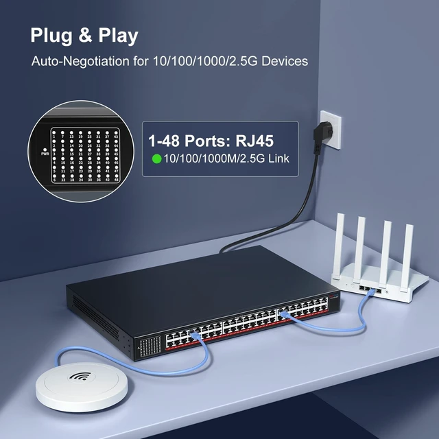 Alt view image 4 of 5 - 48-Port 2.5G Unmanaged Ethernet Switch, VunLink 482.5Gbps RJ45 Multi-Gig Network Switch, 240Gbps Switching Capacity, Plug & Play, Rackmount Switch for Enterprise, NAS, Surveillance, Office Network