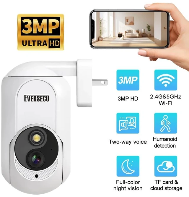Alt view image 2 of 5 - EVERSECU 2K Plug&Play Wireless PTZ Security Camera, Built-in Power Outlet Plug, Motion detction, Humanoid Auto Tracking, 2-Way Audio, Spotlight Color Night Vision, Supports ONVIF & RTSP & Alexa