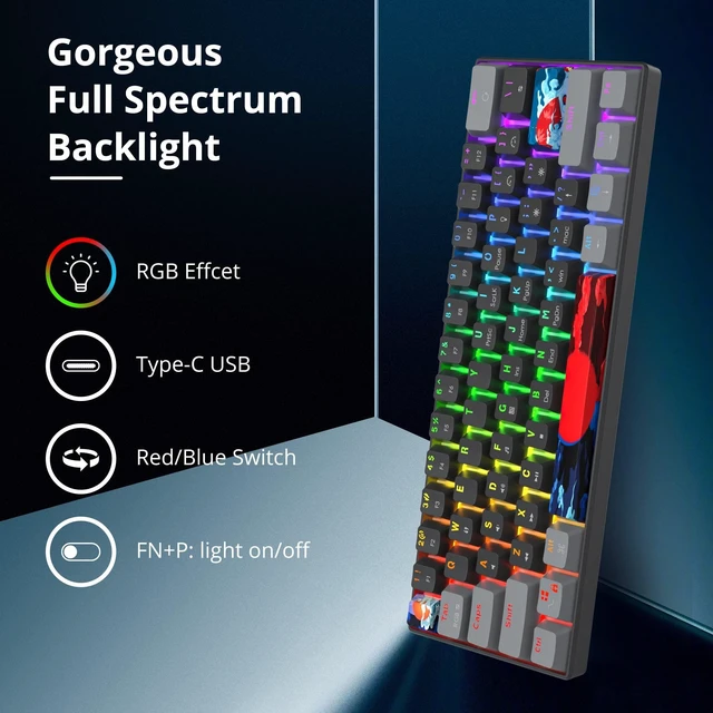 Alt view image 3 of 5 - Fogruaden 60% Mechanical Gaming Keyboard, 61 Keys, RGB Backlit, Compact 60 Percent Wired Keyboard for Win/Mac PC Gamer, Easy to Carry on Trip (61Dark-BlueSwitch-RGB)